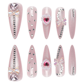 24 Cat Eye Nail Tips with Heavy Crystal Hearts