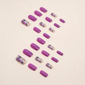 Bright Purple Mid-Length Square Nails, Gradient Butterfly, Spring/Summer Fashion