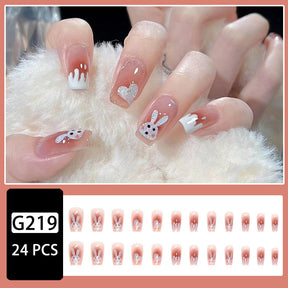 Cute INS Flash Powder Blush Nails, New Year Rabbit Design