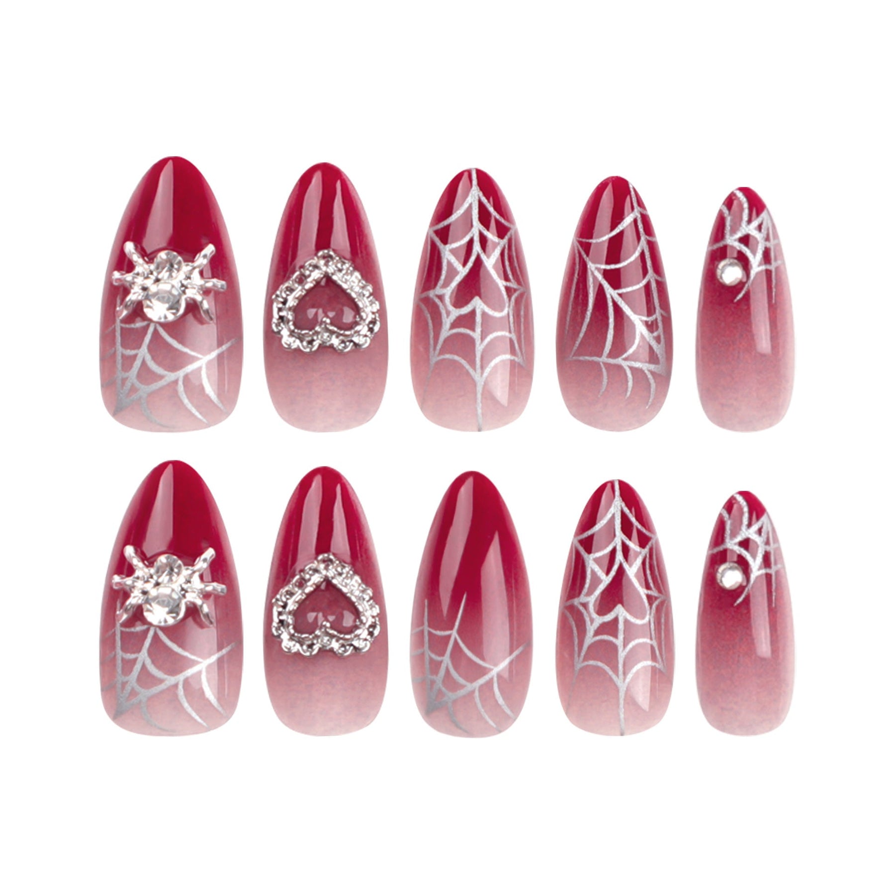 Red Gradient Heart Spider Short Almond Nails