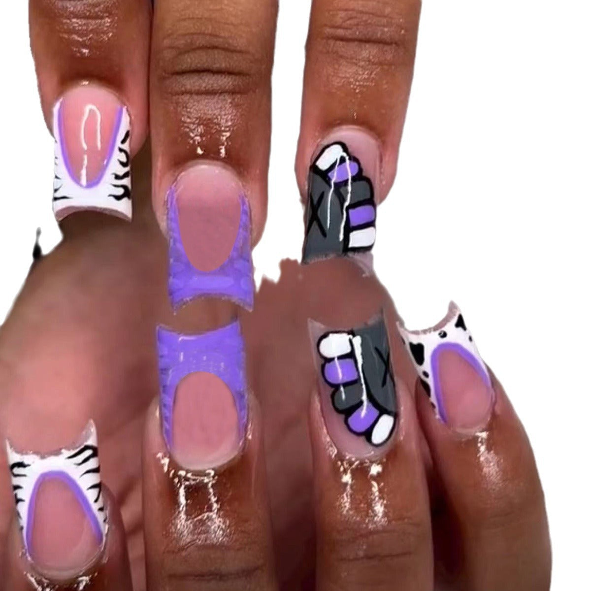 Purple Cartoon Mid-Length Nails, Sweet and Edgy