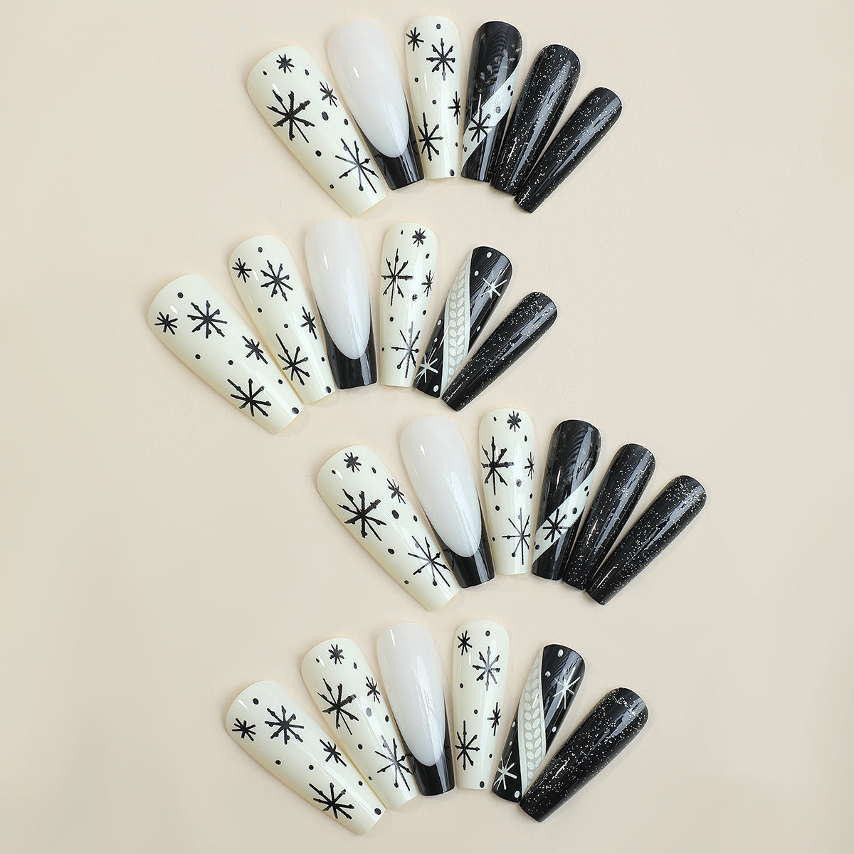 Long Stiletto French Nail Tips with Black and White Patterns