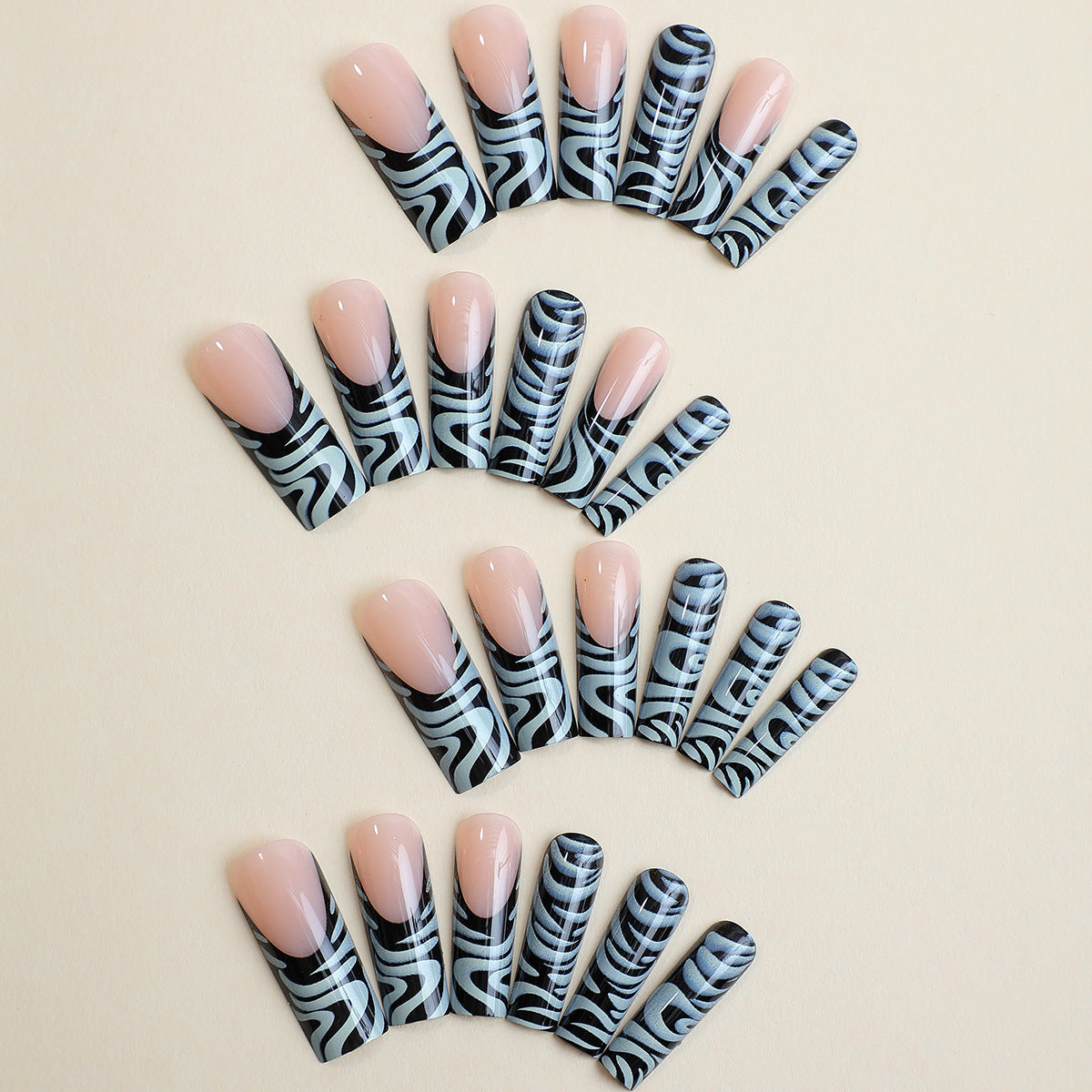 Removable Long Square Zebra Striped French Nail Tips