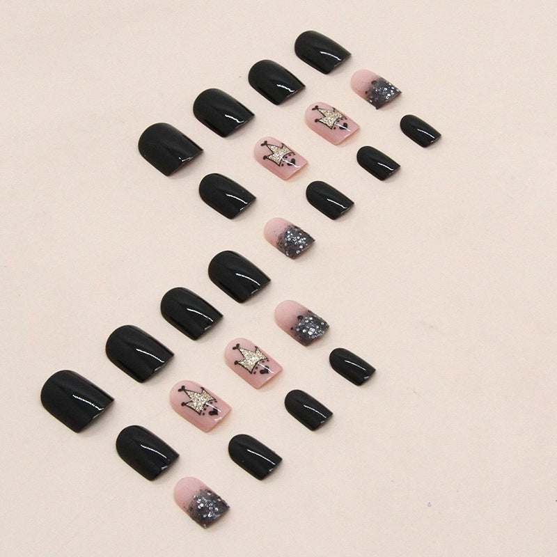 Sweet Cool Black Short Nails Glitter Crown Gradient Euro Wearable Nails Ins Style 24-Piece Set