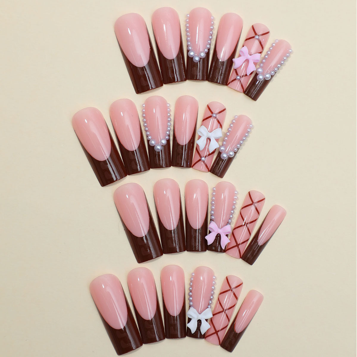 Long French Chocolate Nail Tips with Bow and Pearls