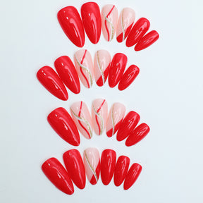 Popular Almond Shaped Striped Detachable Red Nails