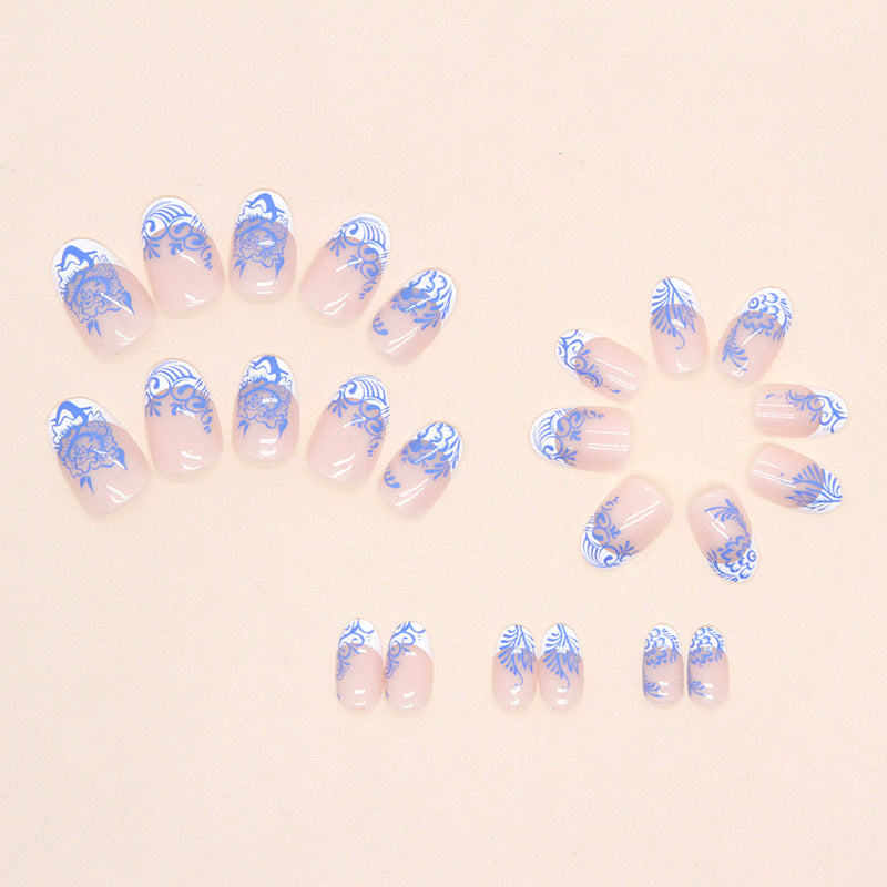 Chinese Style Round Tip Nails - Blue and White, Morandi Flowers