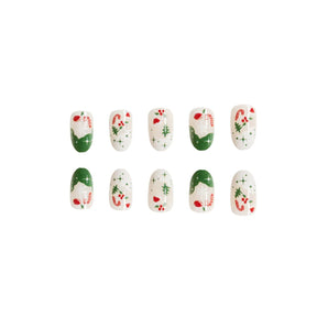 Shiny Oval Christmas Nail Tips with Festive Designs