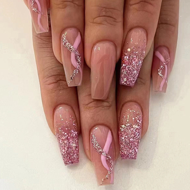 Medium Length Ballet Nails, Gradient Flash Wave, Ins Style, Removable