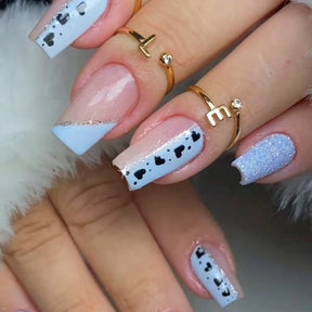 Blue-White Triangular French Nails with Heart Polka Dots, Pink Square