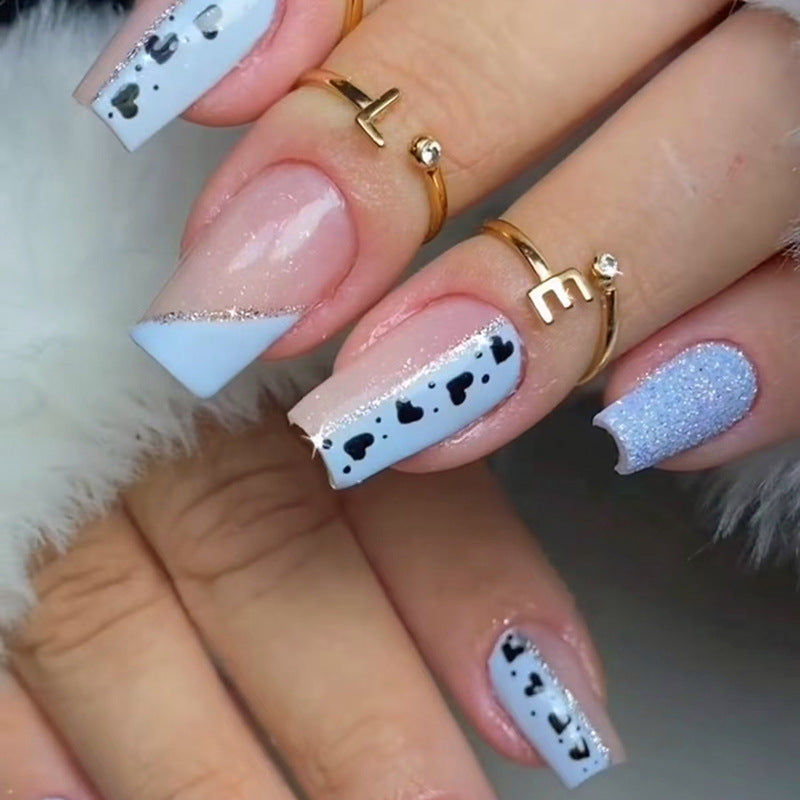 Blue-White Triangular French Nails with Heart Polka Dots, Pink Square