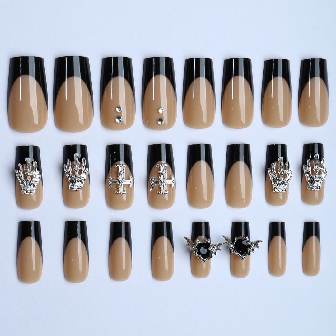 Black French Edge Mid-Water Pipe Nails with Butterfly and  Rhinestones