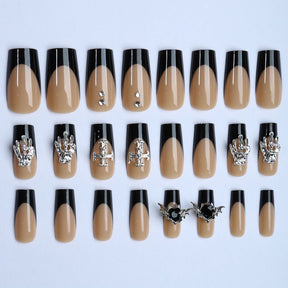 Black French Edge Mid-Water Pipe Nails with Butterfly and  Rhinestones