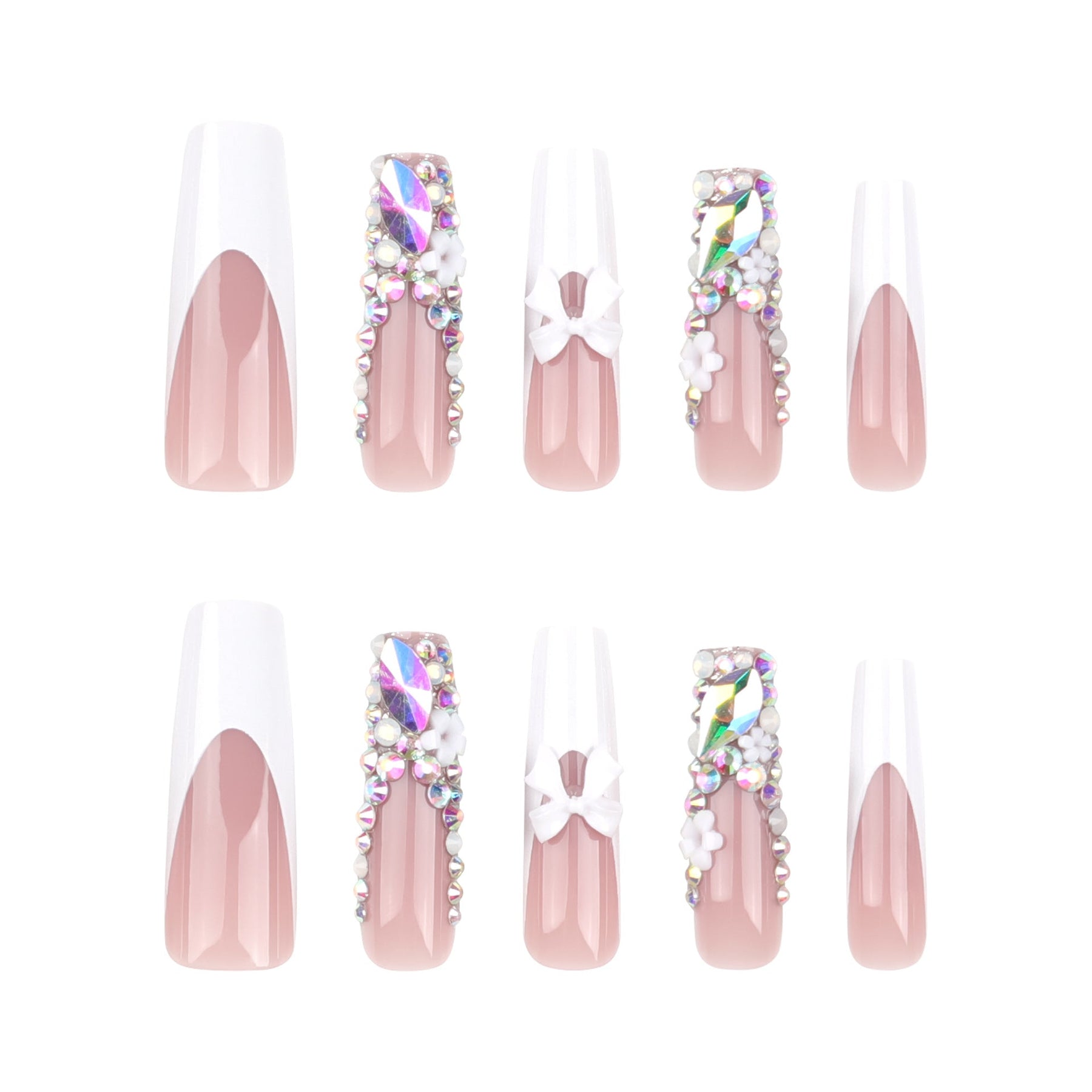 Wholesale Flashy Diamond French Nail Art Tips, White Bow and Flower Squares