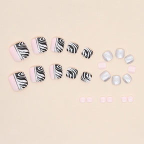 Shiny Zebra Print Bicolor Press-On Toe Nails - Black White