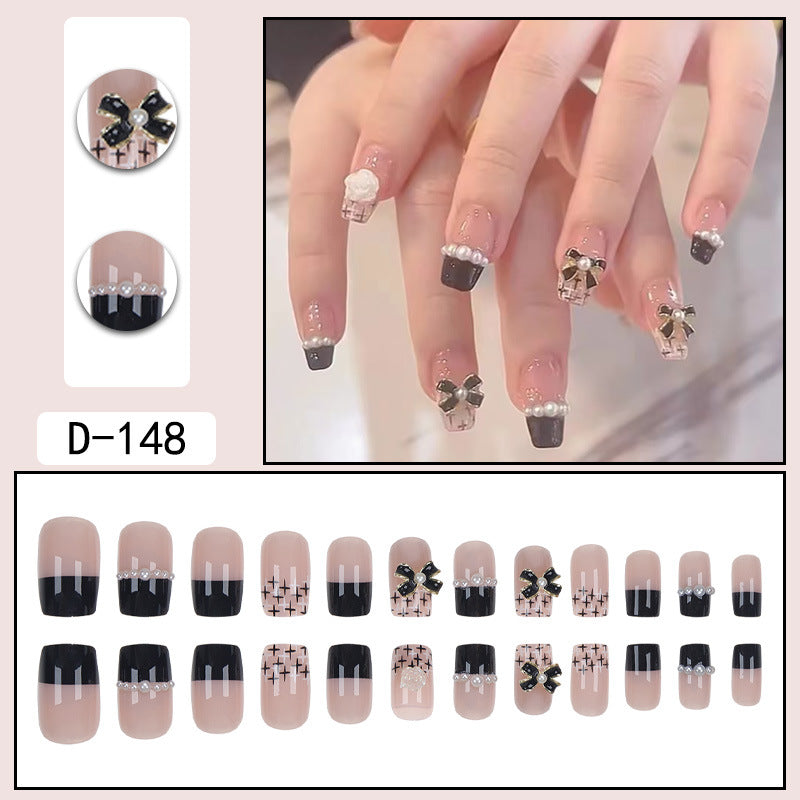 Short Black French Nails with Chiffon Butterfly Design