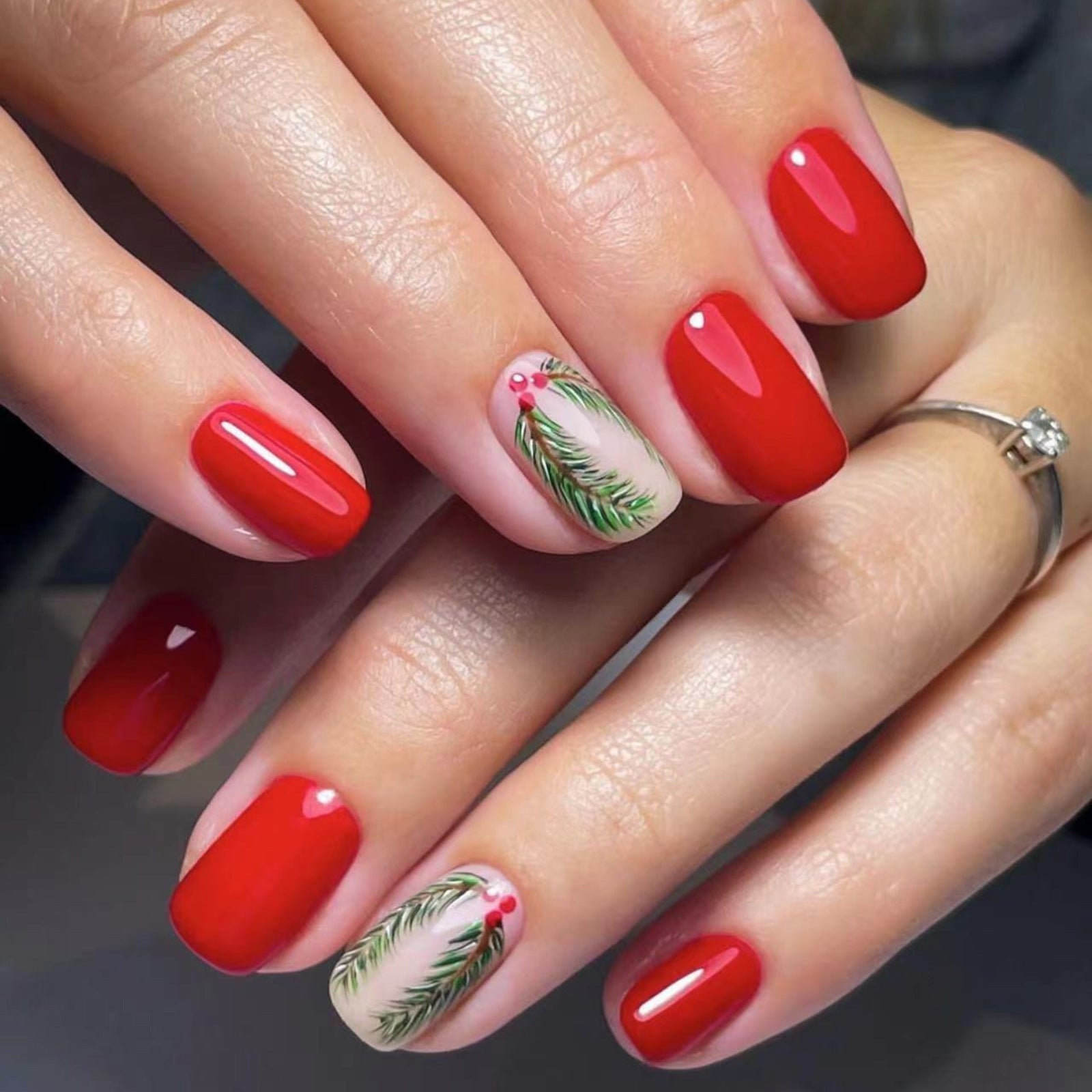 Red Short Square Christmas Nails with Tree Branch Designs