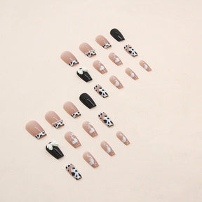 Cute White Heart Cow Print Nails Fall Winter Simple Chic Ins Style Rhinestone Bow Nail