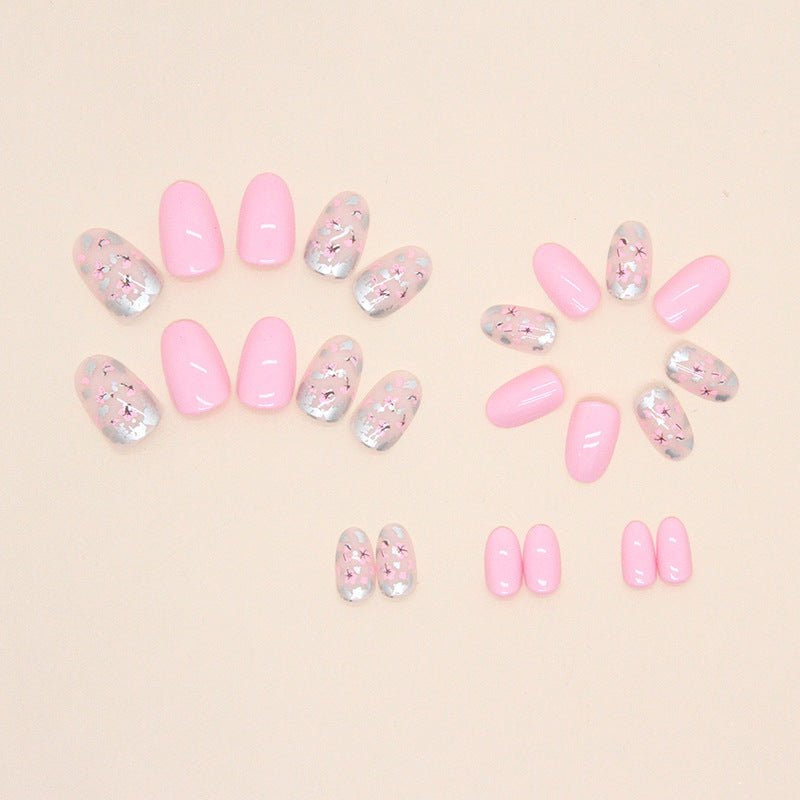 Cute Short Oval Floral Nails Pink Tender Fashion Sweet Girl Fake Nails