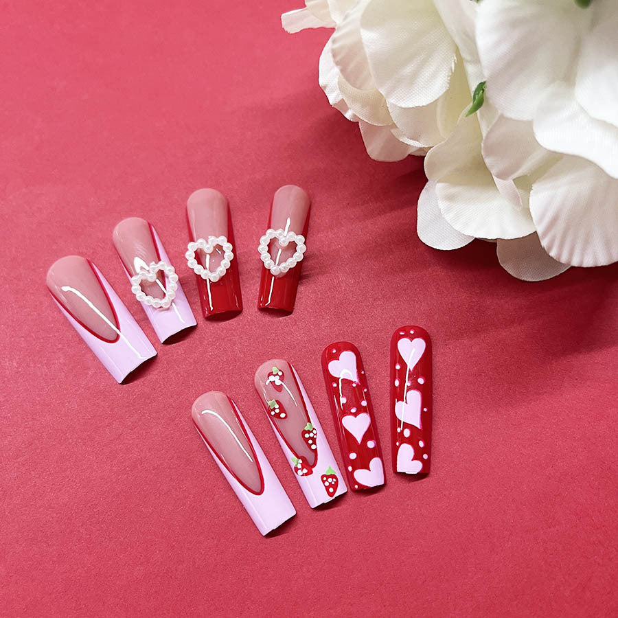 Valentine's Day Pink 3D Heart Pearl Nails, Long French Strawberry