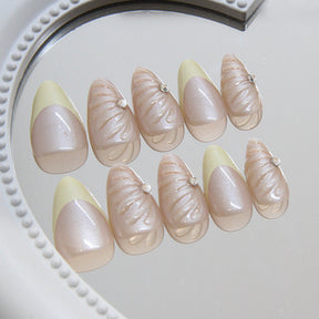 Simple French 3D Shell Nails, Almond Shape, 30 Pieces