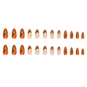 Round Tip Almond Nails, Orange and Black Halloween Design