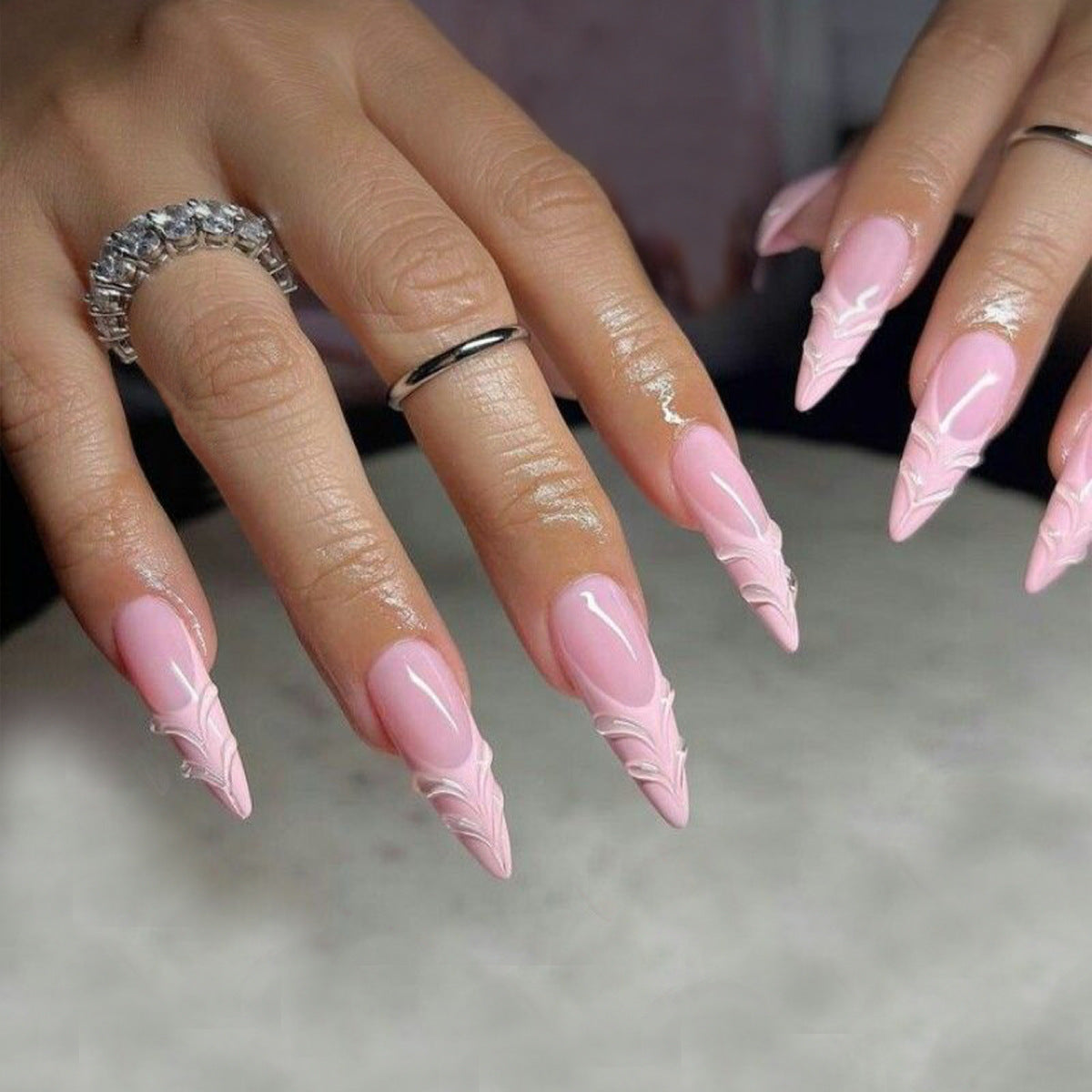 3D Wave Pattern Detachable Almond French Pink Nails