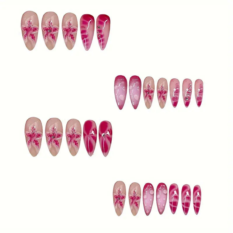 3D Deep Red Flower Pink Gradient Press-On Nails