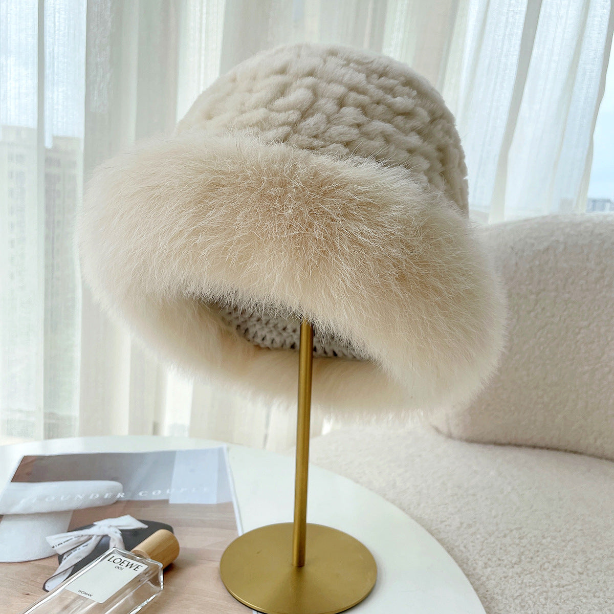 Cute Real Rabbit Fur Hat with Fox Trim - Winter Warmth