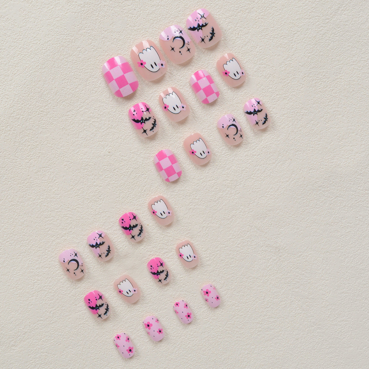 Pink Ghost Bat Halloween Nails, 24pcs Removable and Adorable