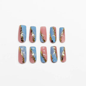 Ballet-Inspired Marble Stripe Gold Foil Long Nails