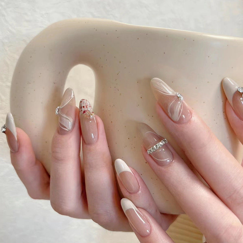 Elegant Oval Sweet Girl Chanel Style Diamond Nail Art