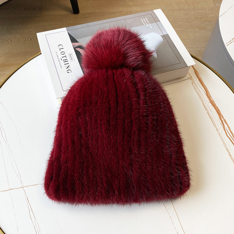 Winter Fox Pom Pom Mink Fur Hat with Ear Protection