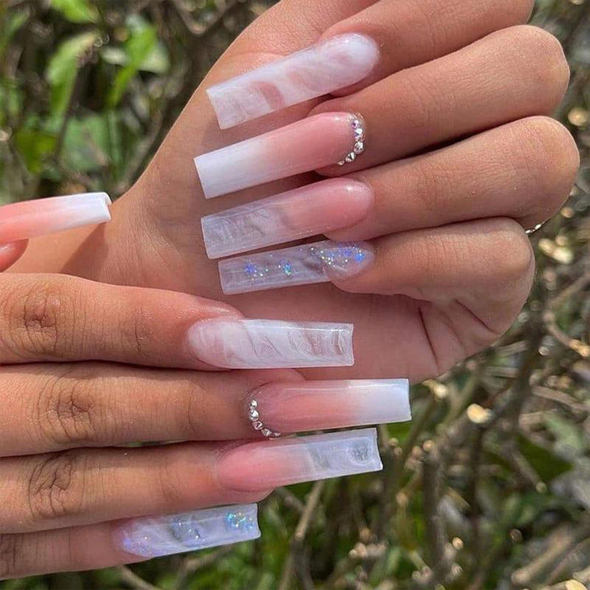 Trending Square French Gradient Diamond Nail Tips for Western Markets