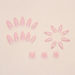 Simple Gold Line Flower Nails Round Almond Pink Sweet 24 Pieces