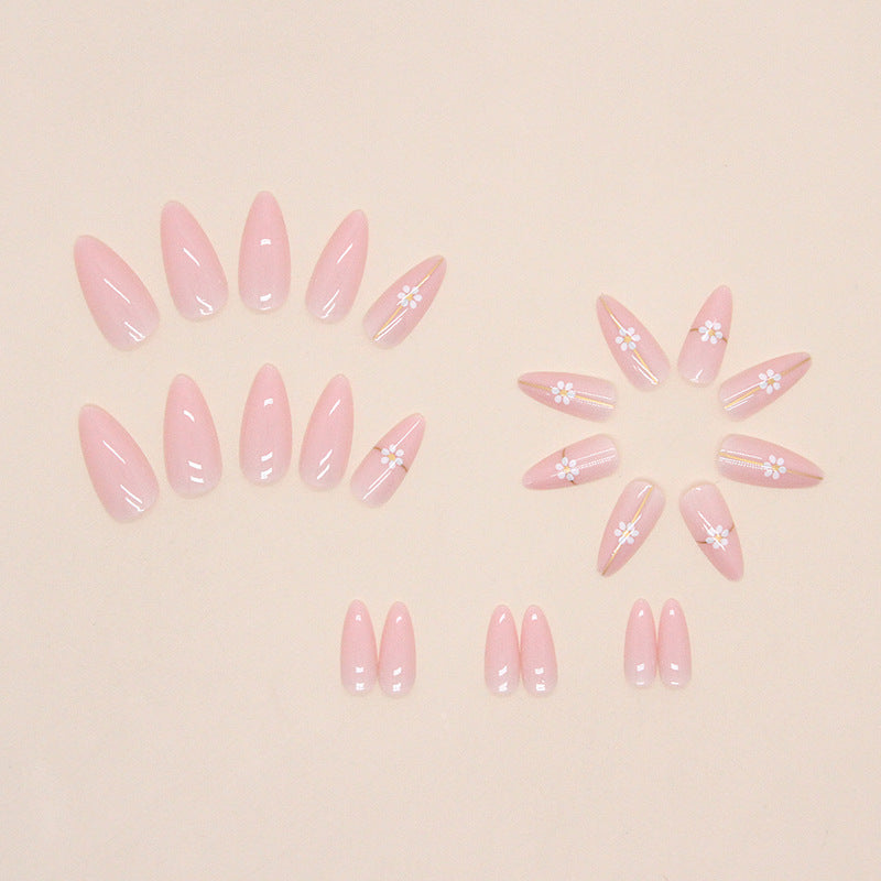 Simple Gold Line Flower Nails Round Almond Pink Sweet 24 Pieces