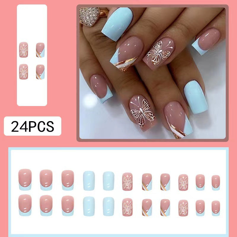 Cartoon Butterfly French Gold Glitter Nail Tips