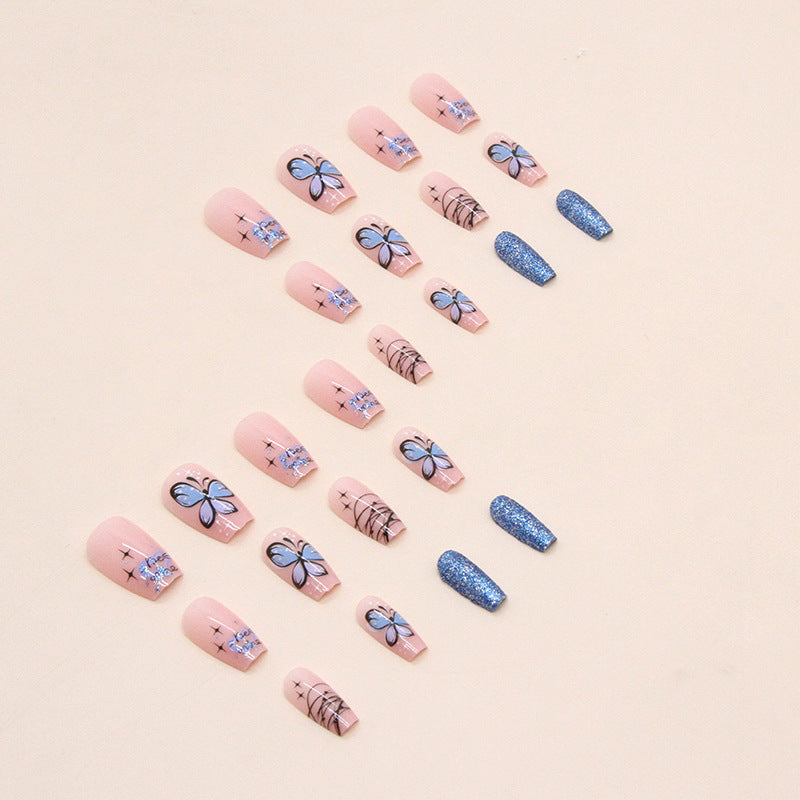 Cool Blue Shiny Butterfly Nails, Short Ballet, Ins Style