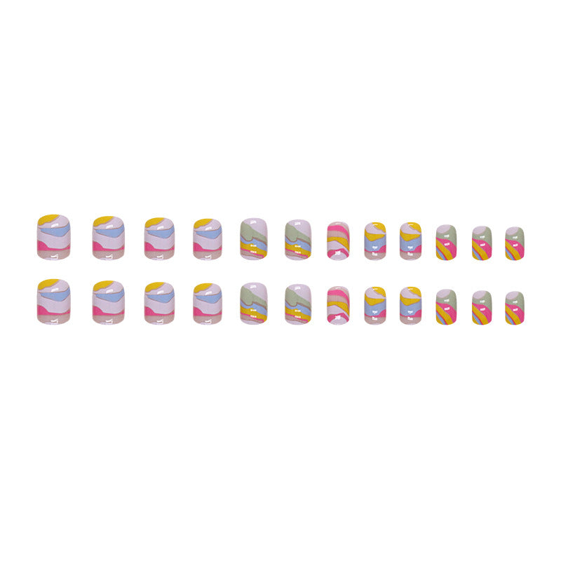 Short Square Nails, Multicolor Coating, Abstract Art INS Style