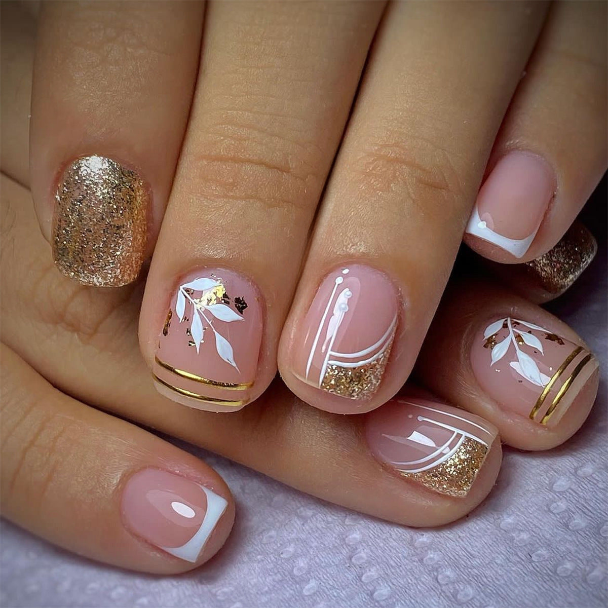 Handmade French Edge Gold Glitter Leaf Nail Tips