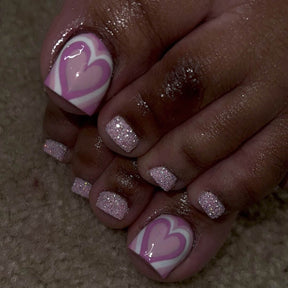 Simple Chic Pink Heart Toe Nails with Sparkle