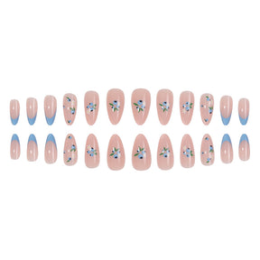 Blue Floral French Tip Nail Extensions, Detachable