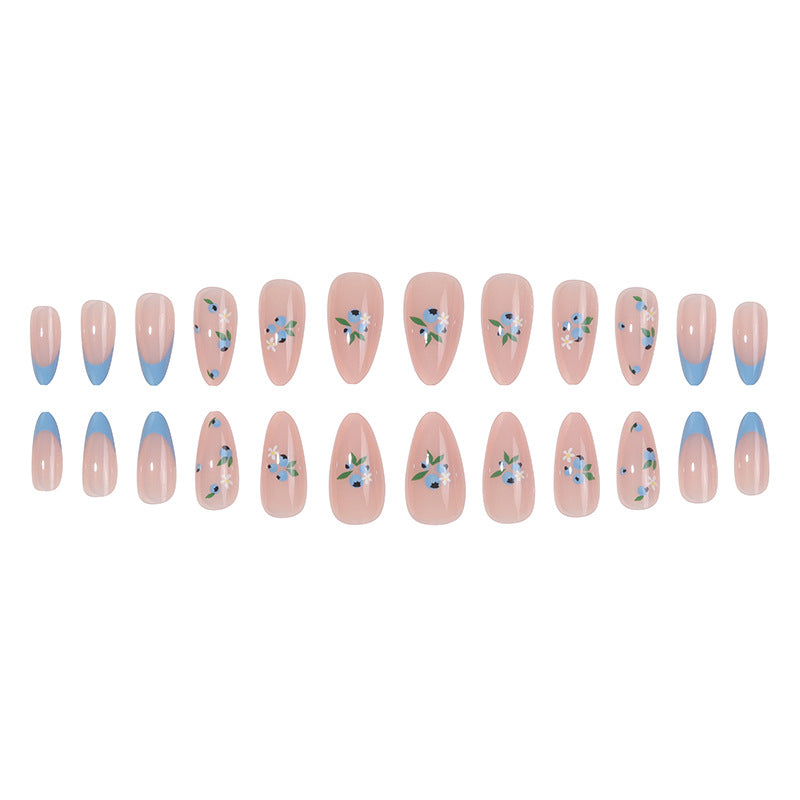 Blue Floral French Tip Nail Extensions, Detachable