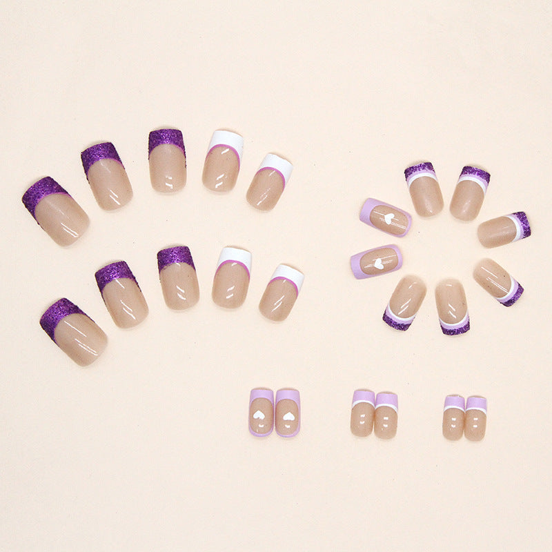 24-Piece White Heart Purple French Nails