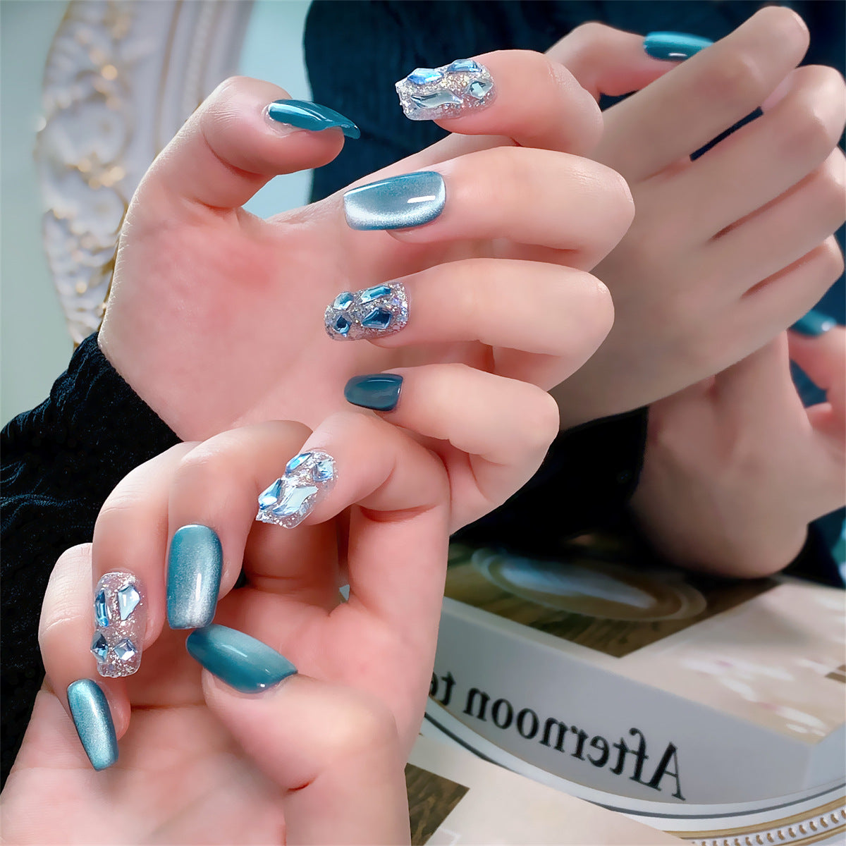 Chic Handmade Blue Starry Sky Cat Eye Fall Nails, Unique and Flashy Nail Patches