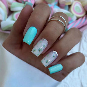 Square Green Summer Floral Nails, INS Style, Versatile Fit