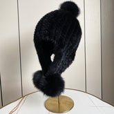 Warm Mink Fur Hat with Fox Pom Pom - Winter Luxury