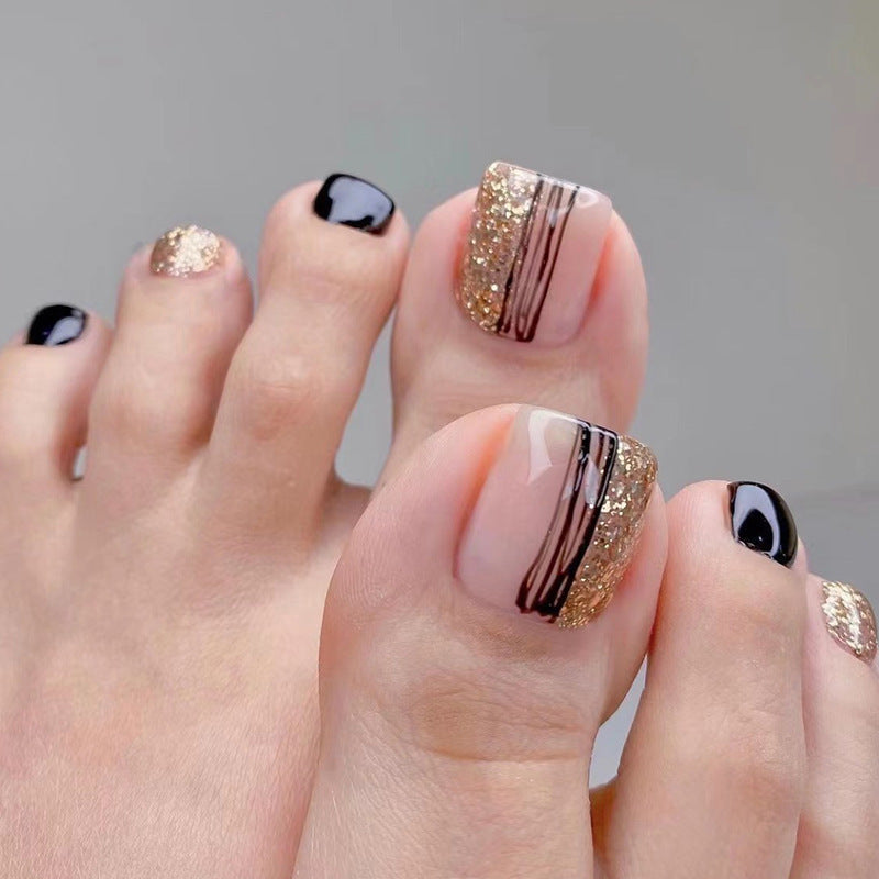 Summer Black Line Gold Powder Press-On Toe Nails - Wholesale