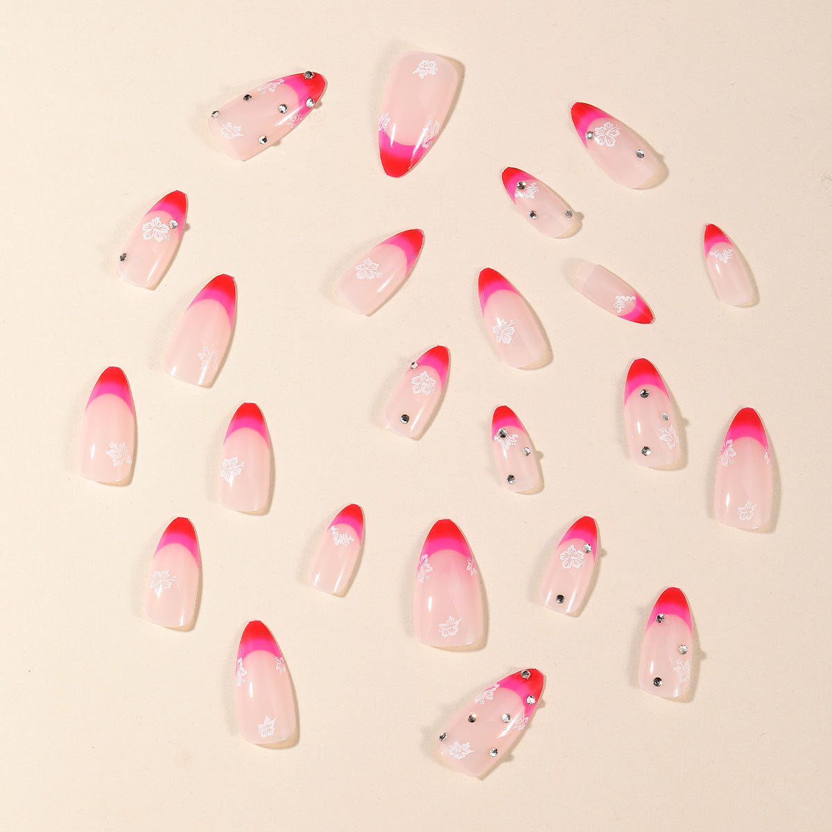 Almond Shaped Rose French Ombre Flower Diamond Detachable Fake Nails