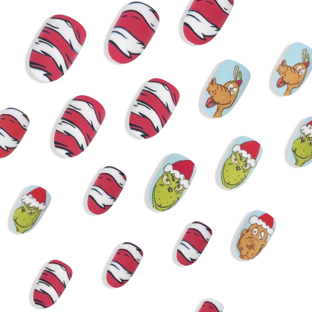 Christmas Red White Striped Grinch Design Cute Nail Tips